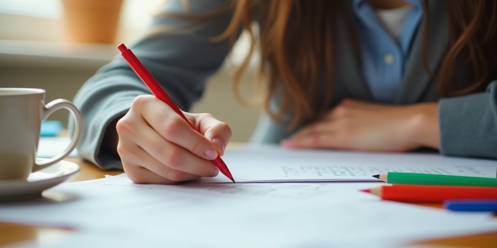 Teacher grading papers with a red pen in focus.