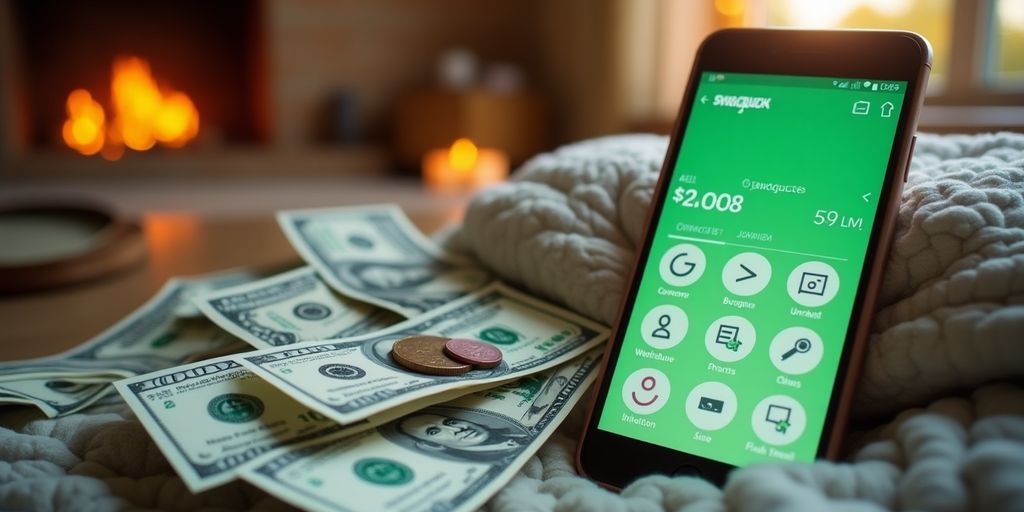 Smartphone with Swagbucks app and money around it.