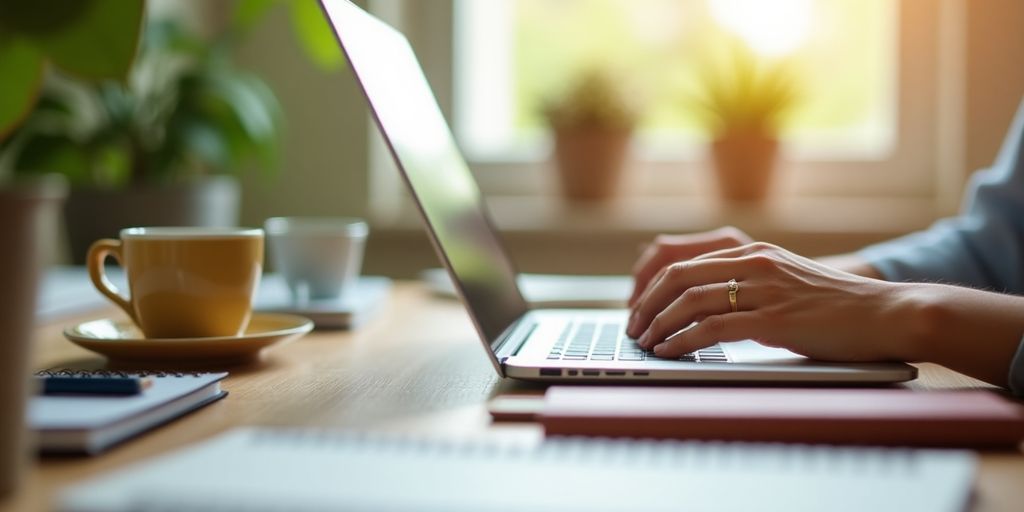 Person typing on a laptop at a cozy workspace.