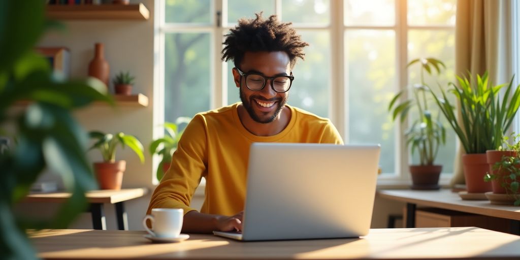 Freelancer working on a laptop in a modern workspace.