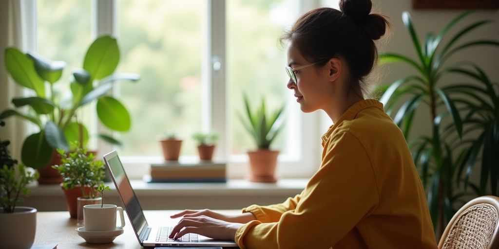 Person working on a laptop in a cozy home office.