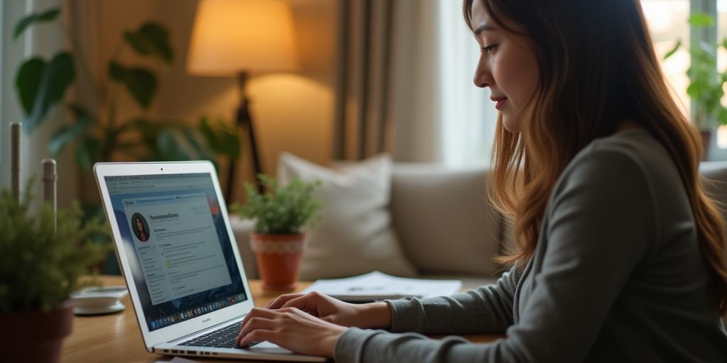 Person working on a laptop in a cozy home office.