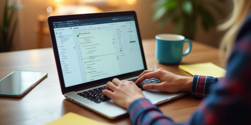 Person working on laptop in a cozy home office.