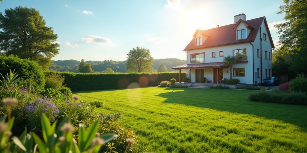 Modern home in a beautiful garden under clear blue sky.