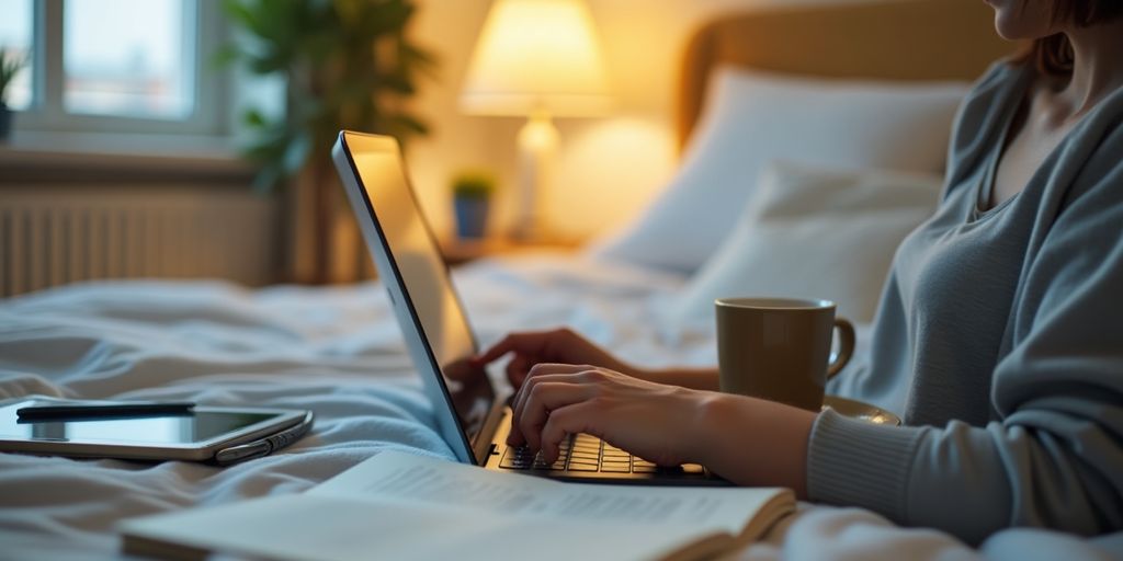 Cozy workspace with laptop and coffee in bedroom.