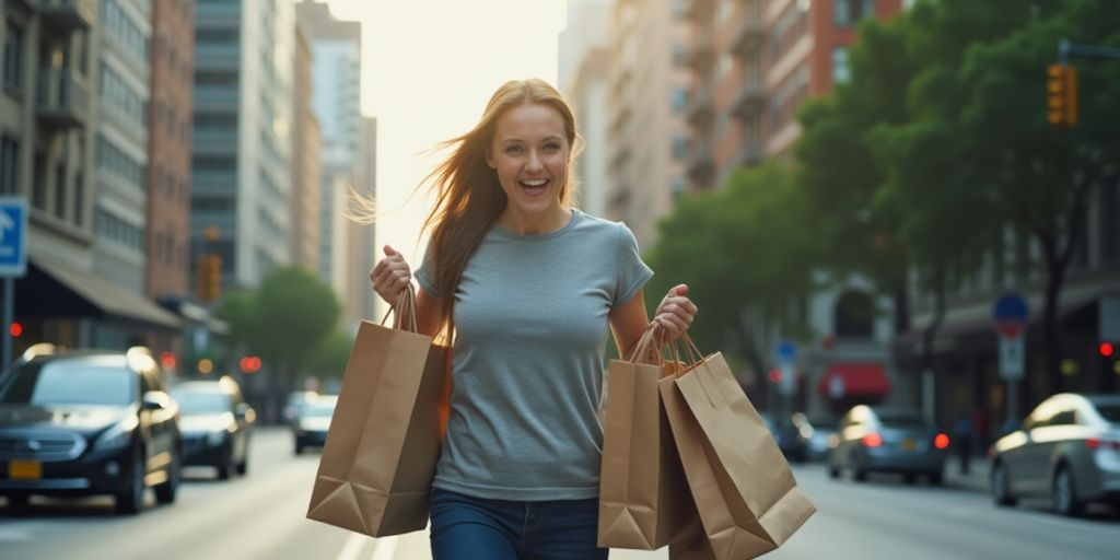 Person running errands in a bustling city environment.