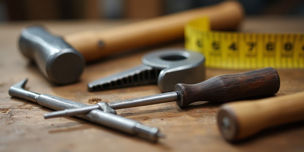 Handyman tools on a wooden workbench, ready for use.