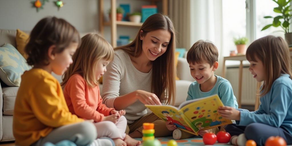 Teacher babysitting happy children in a cozy room.