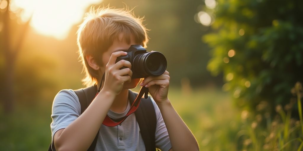 College student taking photos outdoors with a camera.