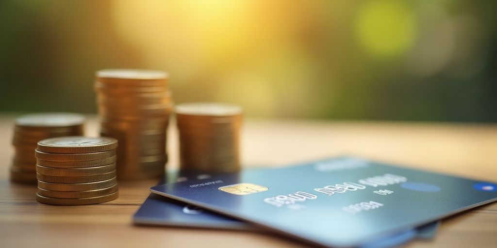 Rewards credit card with coins on wooden table.