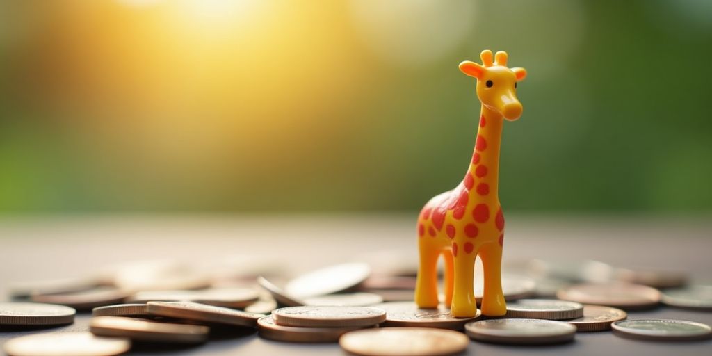 Cash giraffe figurine with coins in soft lighting.