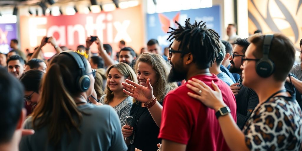 Diverse creators interacting with fans in a lively setting.