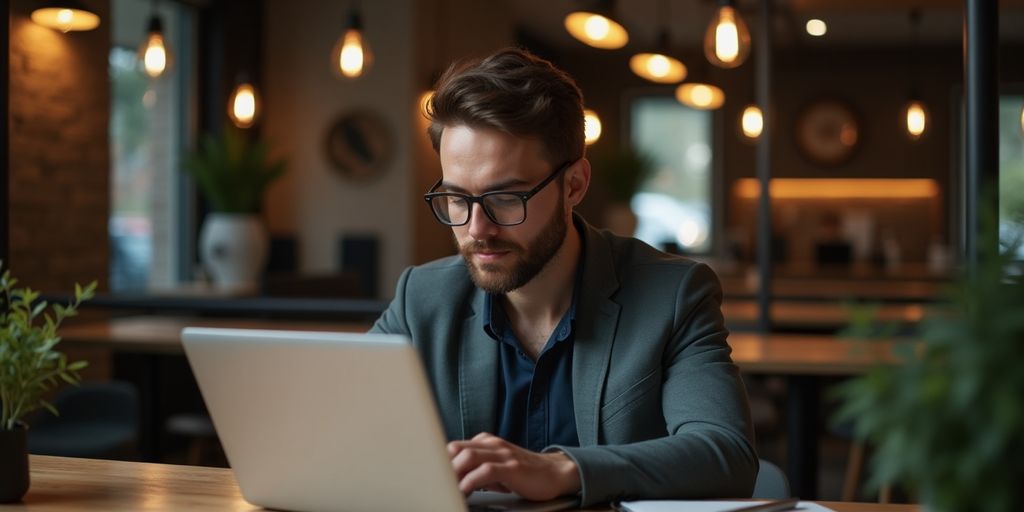 Freelancer working at a laptop in a modern workspace.