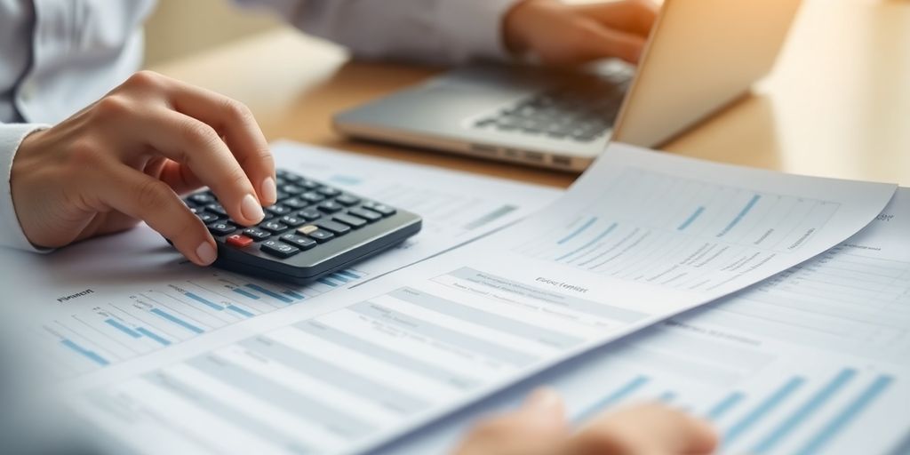 Person analyzing finances with documents and laptop.