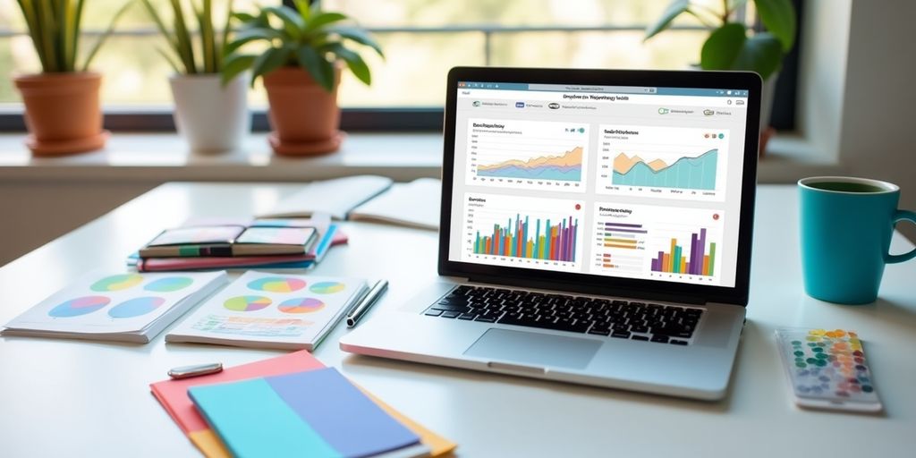 Laptop with social media analytics in a bright workspace.