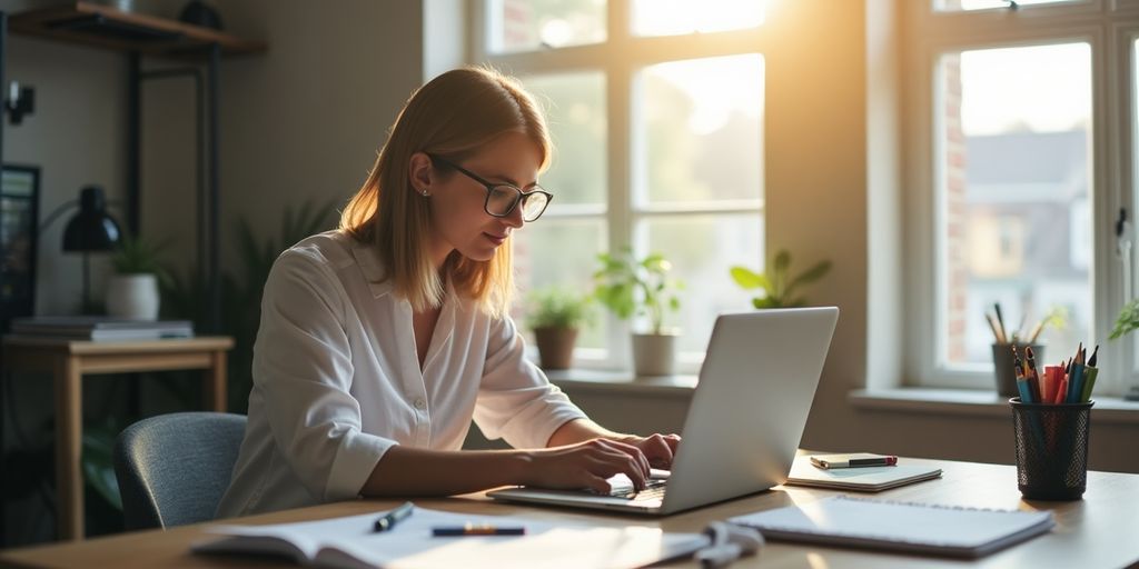 Freelancer at laptop in bright modern workspace.