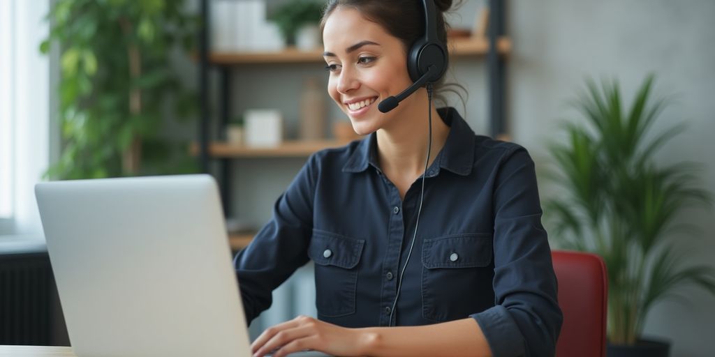 Virtual assistant working on a laptop in an office.