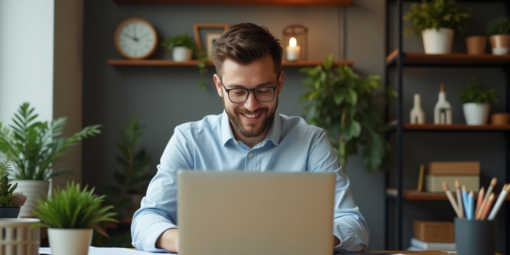 Freelancer working on laptop in a cozy workspace.