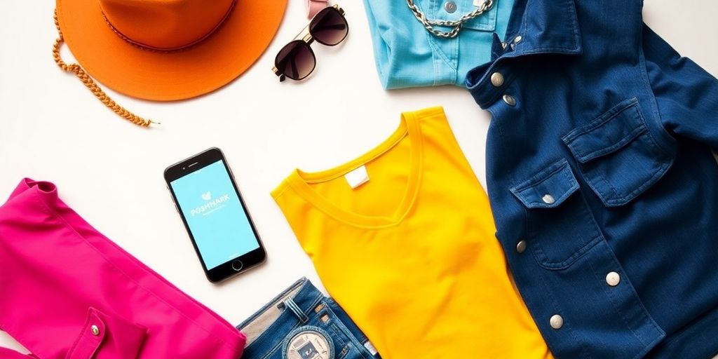 Flat lay of trendy fashion items and Poshmark app