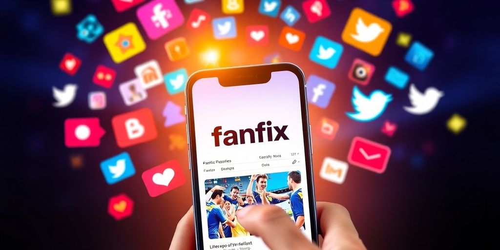 Smartphone showing Fanfix app with social media icons.