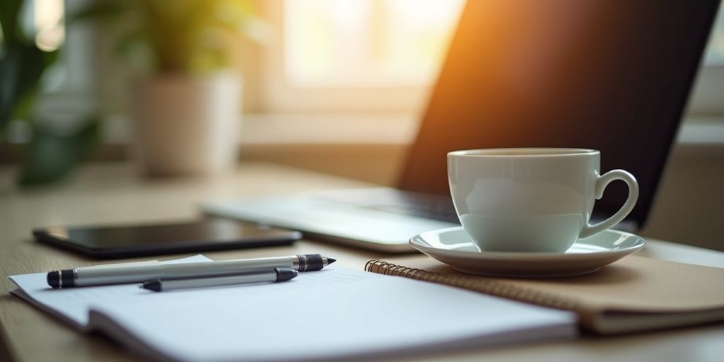 Freelancer workspace with laptop and coffee in focus.