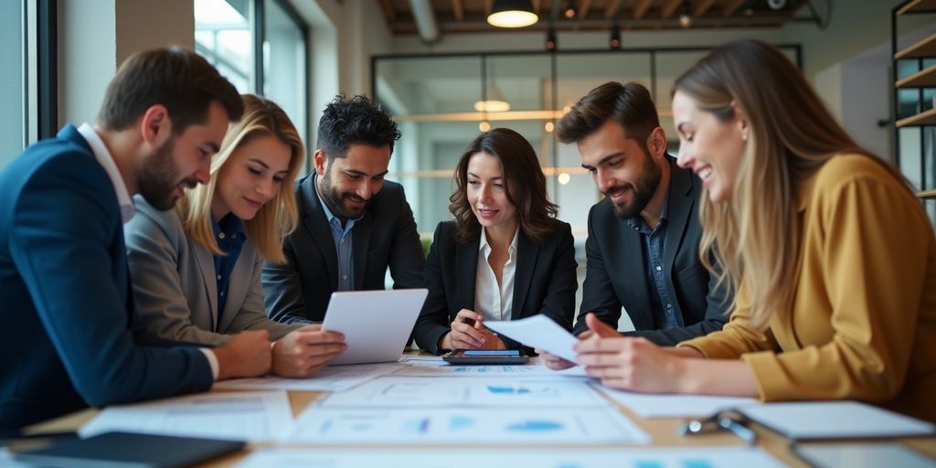 Group discussing S&P funds in a modern office.