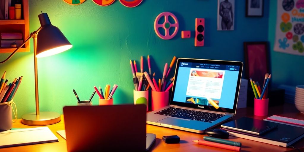 Colorful workspace with laptop and art supplies.