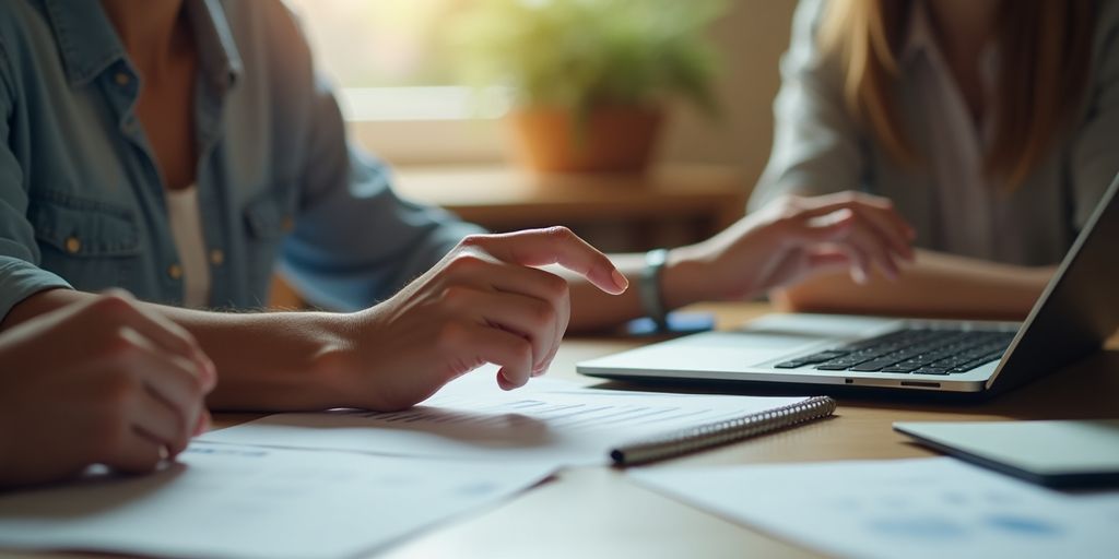 People discussing finances over a table with documents.