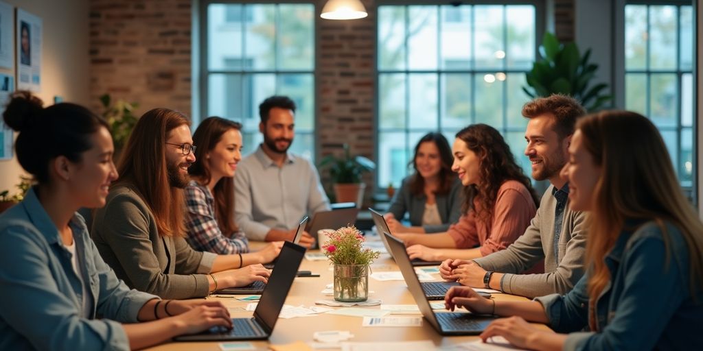 Freelancers collaborating in a modern workspace, sharing ideas.