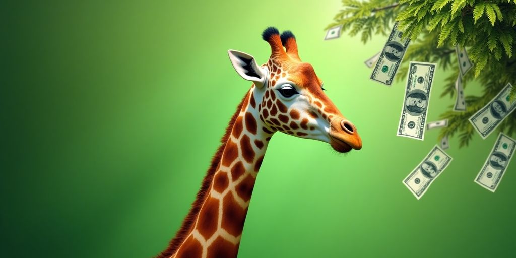 Photographic image of a giraffe with cash.