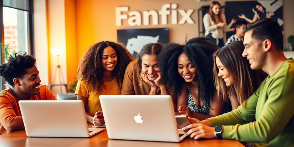 Creators collaborating in a stylish workspace on Fanfix