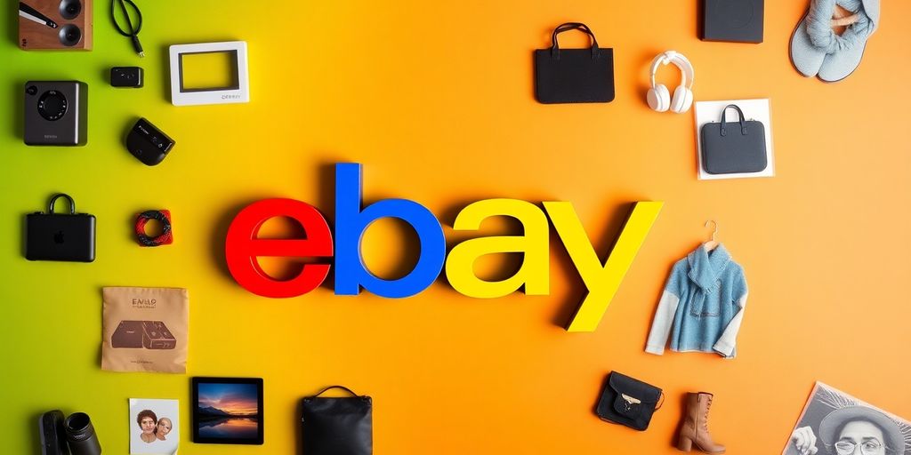 eBay logo with products in a colorful setting