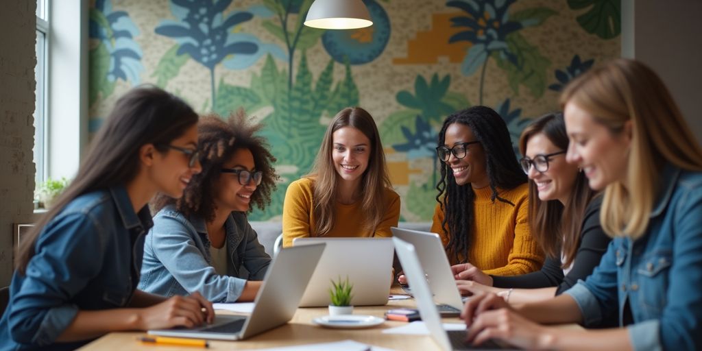 Diverse freelancers collaborating in a modern workspace.