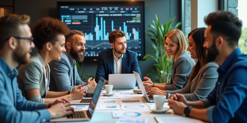 Diverse group discussing stock market investments in a workspace.