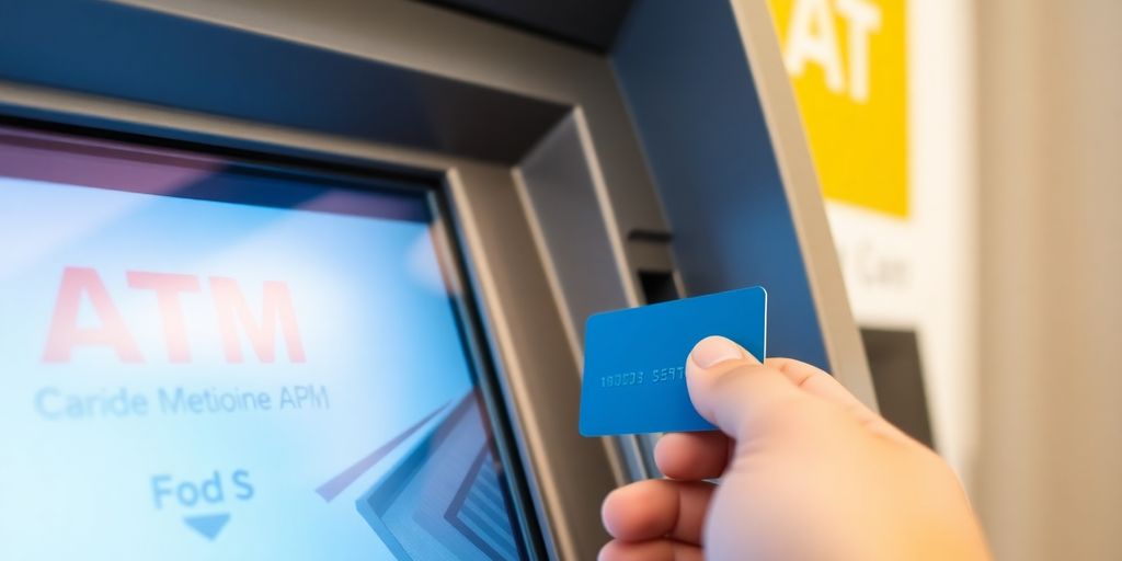 A hand inserting a card into an ATM machine.