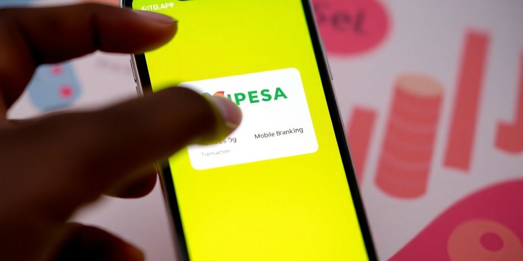 Smartphone displaying MPESA app with user interaction.