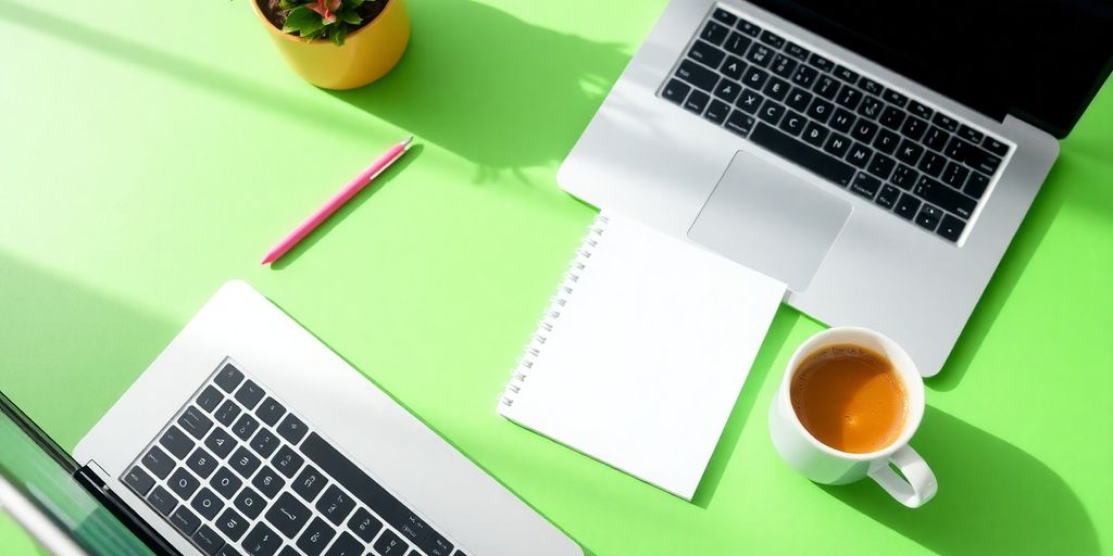 A workspace with a laptop and coffee cup.