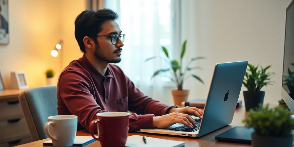 Person working on a laptop in a home office.