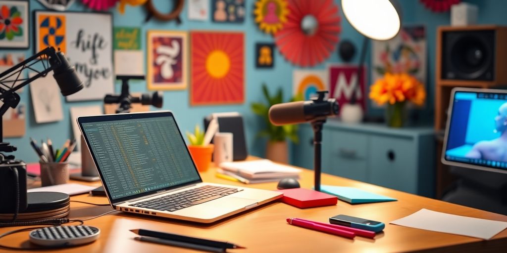 Vibrant workspace for content creation with laptop and camera.