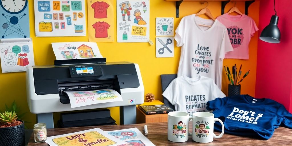 Colorful print-on-demand products on a bright workspace.