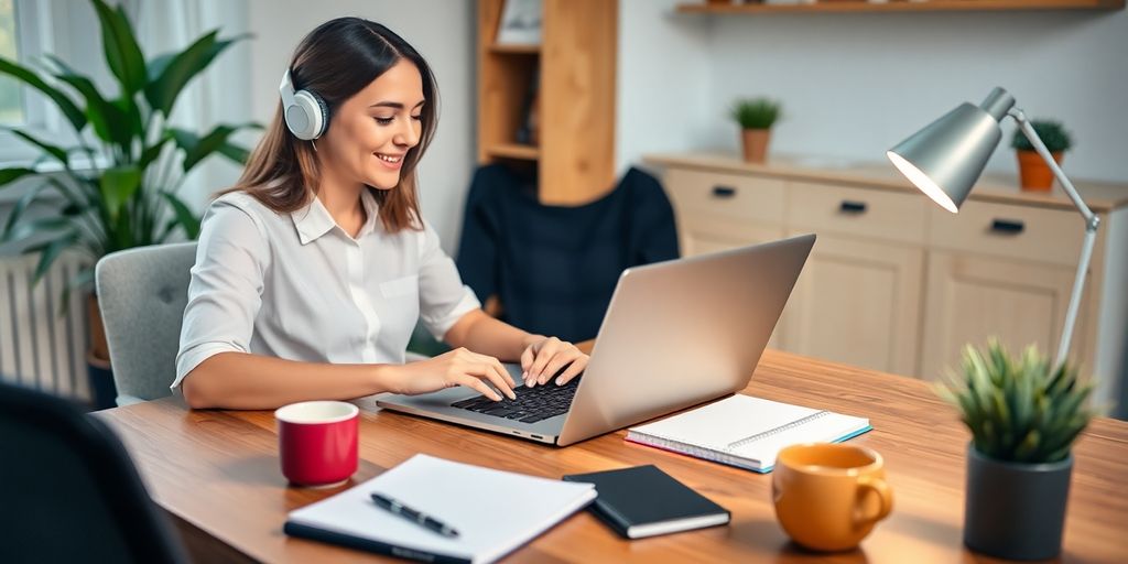 Virtual assistant working on a laptop in a home office.