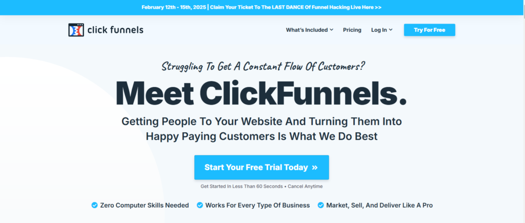 A screenshot of click funnels website