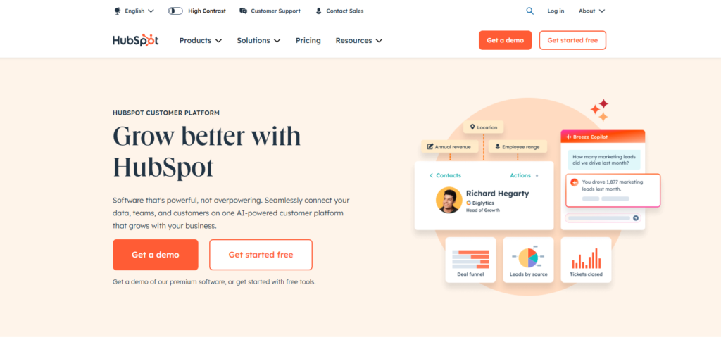 A screenshot of hubspot website