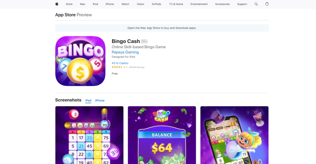 A screenshot of Bingo Cash app on apple store