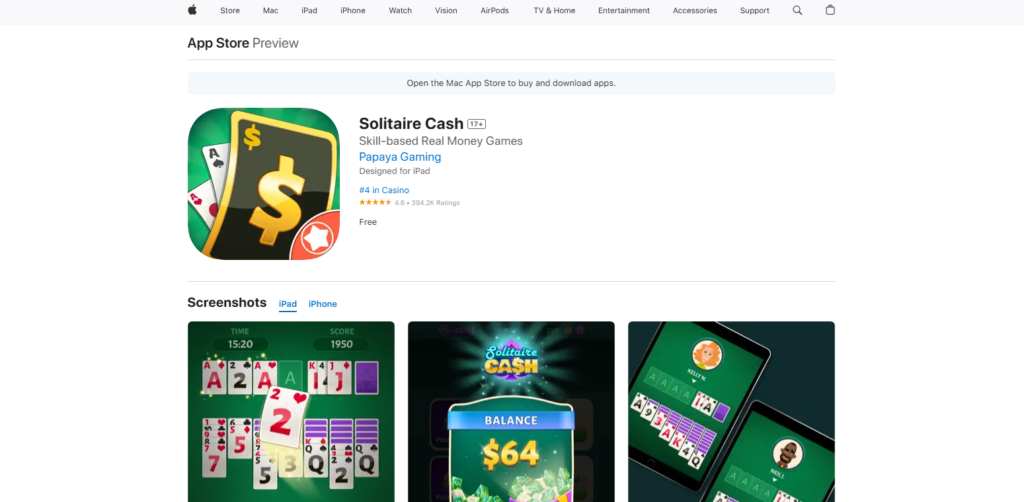 A screenshot of Solitaire Cash app on apple store