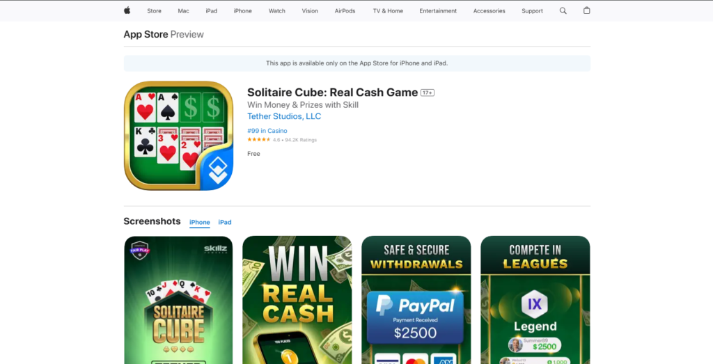 A screenshot of Solitaire Cube app on apple store