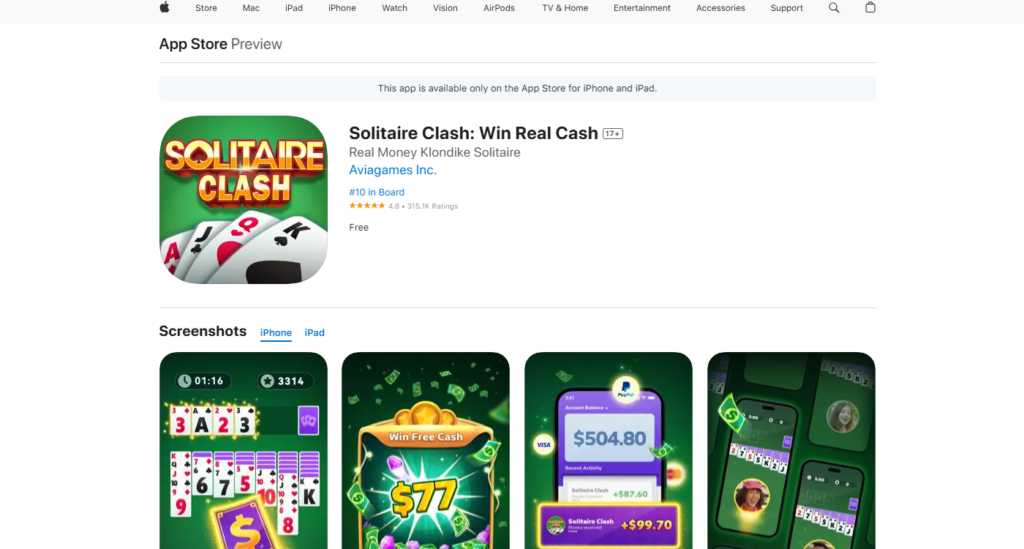 A screenshot of Solitaire Clash app on apple store